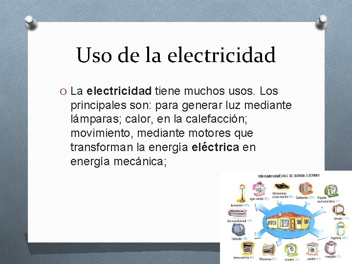 Uso de la electricidad O La electricidad tiene muchos usos. Los principales son: para