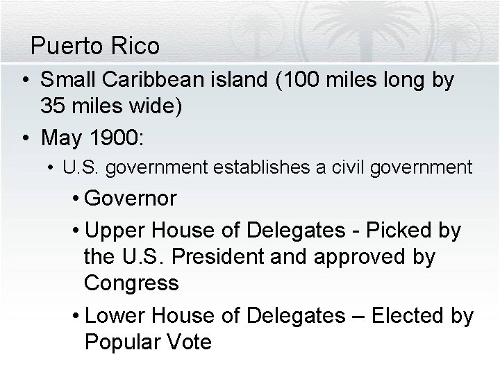 Puerto Rico • Small Caribbean island (100 miles long by 35 miles wide) •