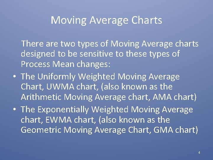 Moving Average Charts There are two types of Moving Average charts designed to be