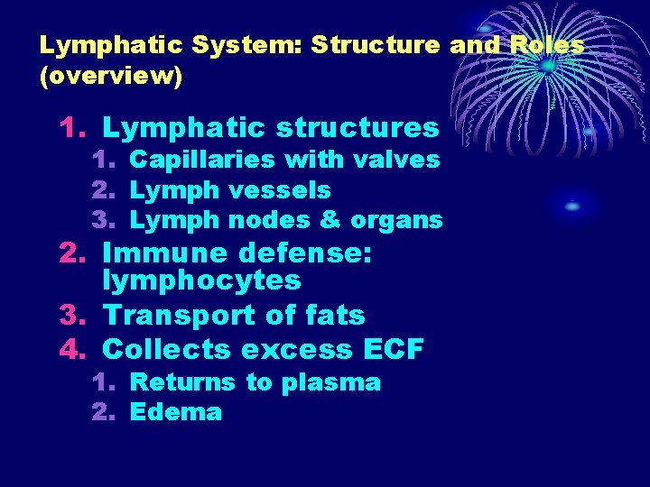 Lymphatic System: Structure and Roles (overview) 1. Lymphatic structures 1. Capillaries with valves 2.