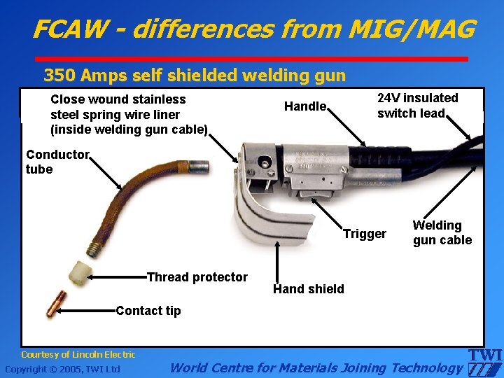 FCAW - differences from MIG/MAG 350 Amps self shielded welding gun Close wound stainless