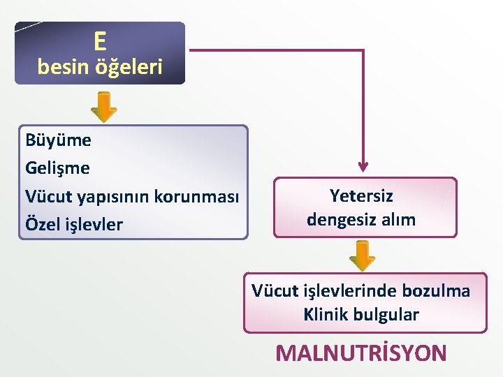 E besin öğeleri Büyüme Gelişme Vücut yapısının korunması Özel işlevler Yetersiz dengesiz alım Vücut E besin öğeleri Büyüme Gelişme Vücut yapısının korunması Özel işlevler Yetersiz dengesiz alım Vücut