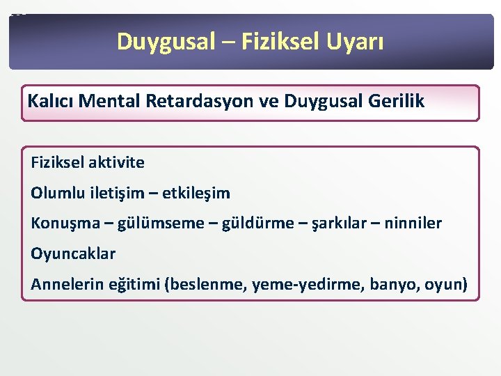Duygusal – Fiziksel Uyarı Kalıcı Mental Retardasyon ve Duygusal Gerilik Fiziksel aktivite Olumlu iletişim Duygusal – Fiziksel Uyarı Kalıcı Mental Retardasyon ve Duygusal Gerilik Fiziksel aktivite Olumlu iletişim