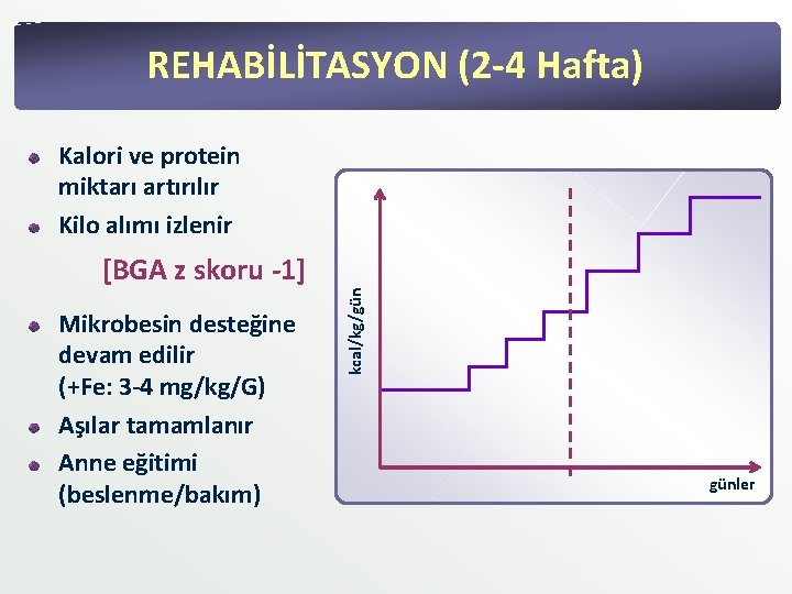 REHABİLİTASYON (2 -4 Hafta) [BGA z skoru -1] Mikrobesin desteğine devam edilir (+Fe: 3
