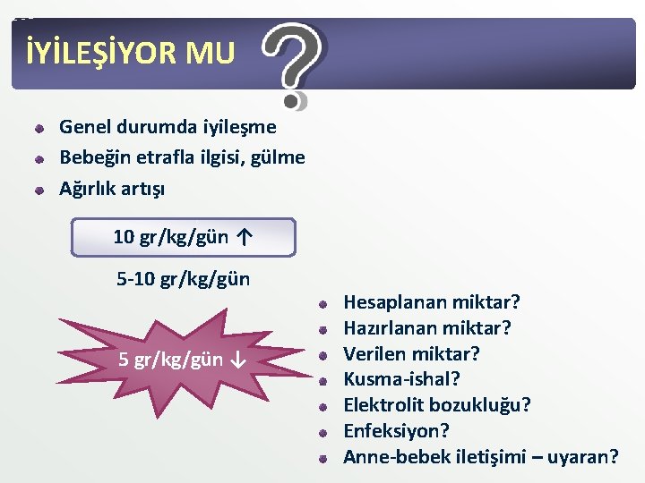 İYİLEŞİYOR MU Genel durumda iyileşme Bebeğin etrafla ilgisi, gülme Ağırlık artışı 10 gr/kg/gün ↑ İYİLEŞİYOR MU Genel durumda iyileşme Bebeğin etrafla ilgisi, gülme Ağırlık artışı 10 gr/kg/gün ↑