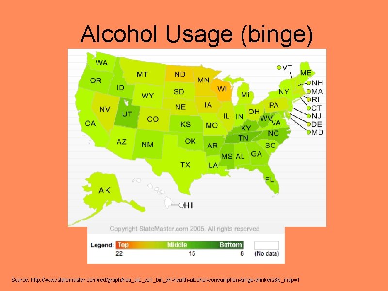 Alcohol Usage (binge) Source: http: //www. statemaster. com/red/graph/hea_alc_con_bin_dri-health-alcohol-consumption-binge-drinkers&b_map=1 