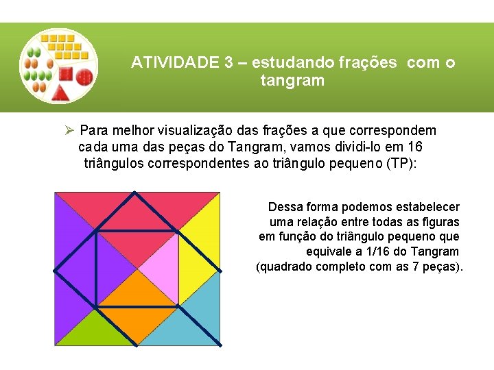 ATIVIDADE 3 – estudando frações com o tangram Ø Para melhor visualização das frações ATIVIDADE 3 – estudando frações com o tangram Ø Para melhor visualização das frações