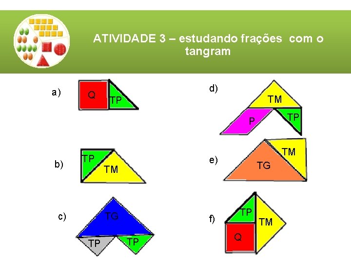 ATIVIDADE 3 – estudando frações com o tangram a) Q d) TM TP TP ATIVIDADE 3 – estudando frações com o tangram a) Q d) TM TP TP