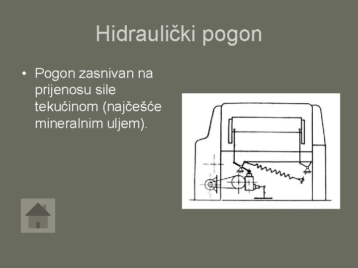 Hidraulički pogon • Pogon zasnivan na prijenosu sile tekućinom (najčešće mineralnim uljem). 