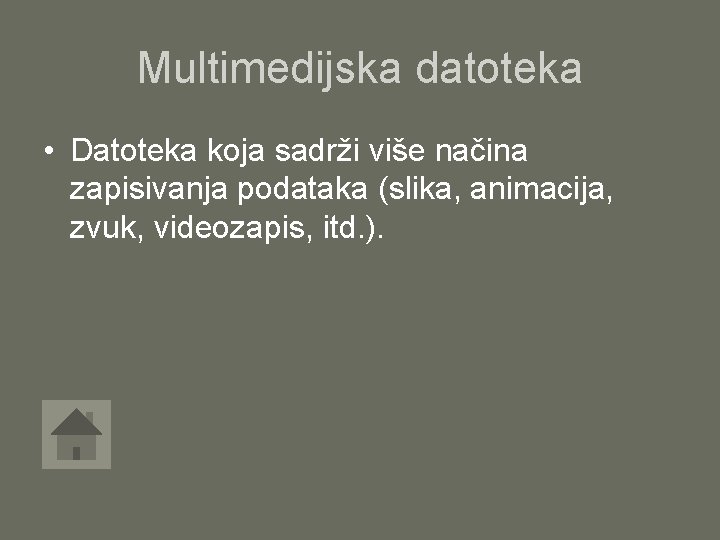 Multimedijska datoteka • Datoteka koja sadrži više načina zapisivanja podataka (slika, animacija, zvuk, videozapis,