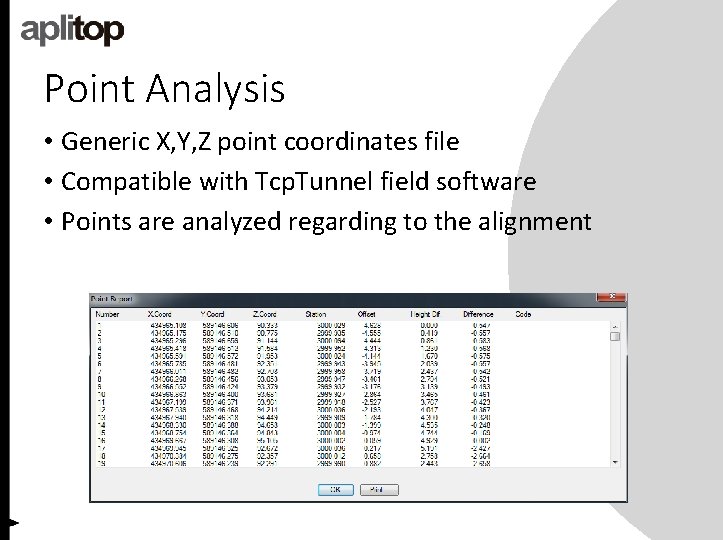 Point Analysis • Generic X, Y, Z point coordinates file • Compatible with Tcp.