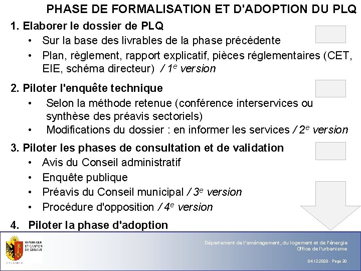 PHASE DE FORMALISATION ET D'ADOPTION DU PLQ 1. Elaborer le dossier de PLQ •