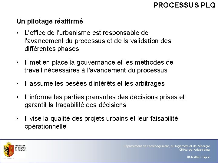 PROCESSUS PLQ Un pilotage réaffirmé • L'office de l'urbanisme est responsable de l'avancement du