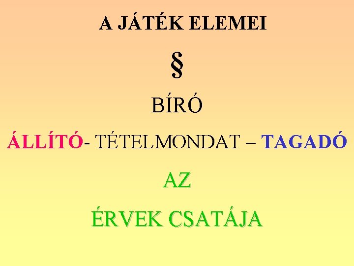 A JÁTÉK ELEMEI § BÍRÓ ÁLLÍTÓ- TÉTELMONDAT – TAGADÓ AZ ÉRVEK CSATÁJA 