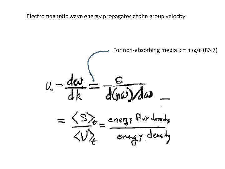 Electromagnetic wave energy propagates at the group velocity For non-absorbing media k = n