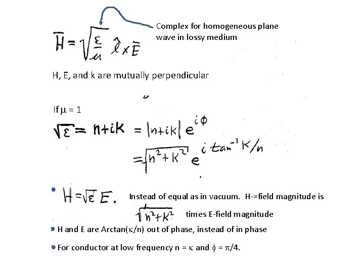 Complex for homogeneous plane wave in lossy medium H, E, and k are mutually