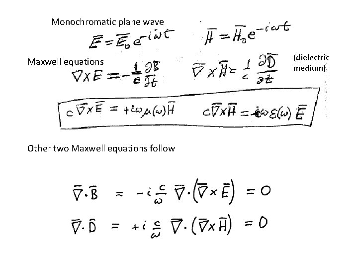 Monochromatic plane wave Maxwell equations Other two Maxwell equations follow (dielectric medium) 