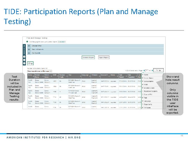 TIDE: Participation Reports (Plan and Manage Testing) Test Duration will be included in Plan