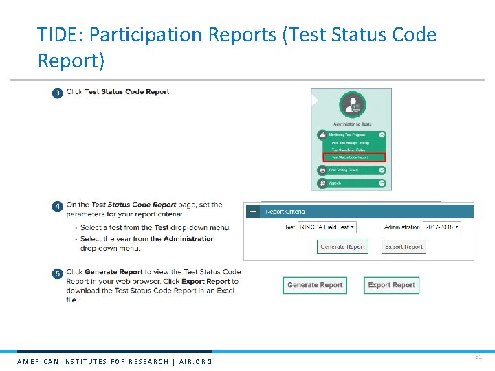 TIDE: Participation Reports (Test Status Code Report) AMERICAN INSTITUTES FOR RESEARCH | AIR. ORG