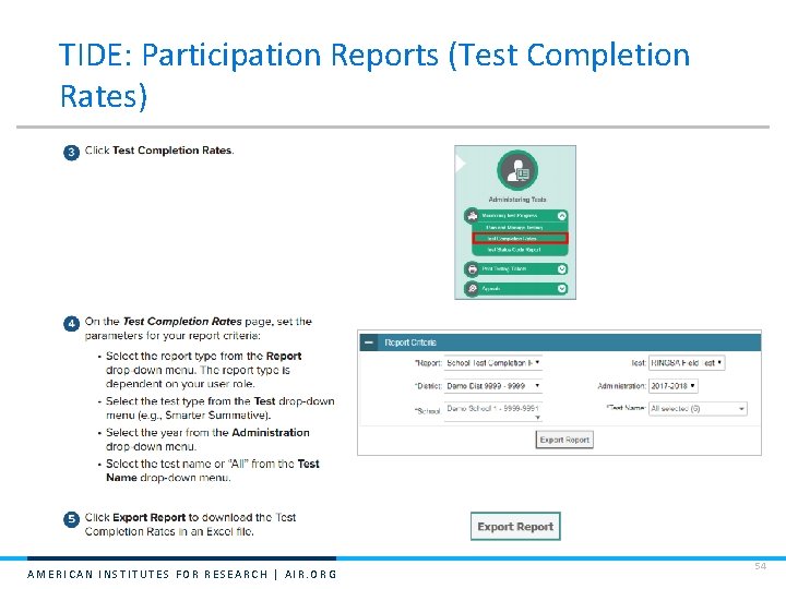 TIDE: Participation Reports (Test Completion Rates) AMERICAN INSTITUTES FOR RESEARCH | AIR. ORG 54