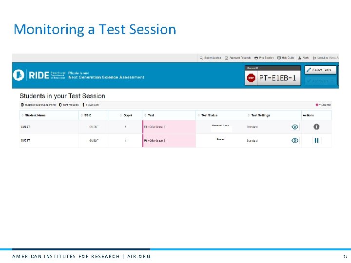 Monitoring a Test Session AMERICAN INSTITUTES FOR RESEARCH | AIR. ORG 71 
