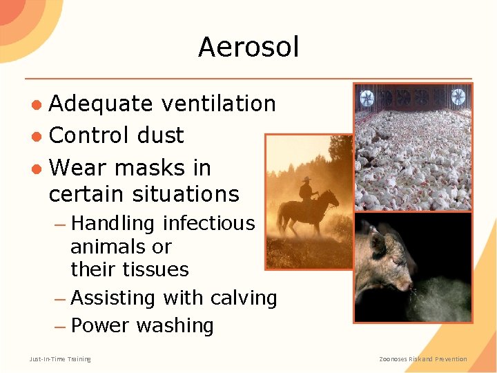 Aerosol ● Adequate ventilation ● Control dust ● Wear masks in certain situations –