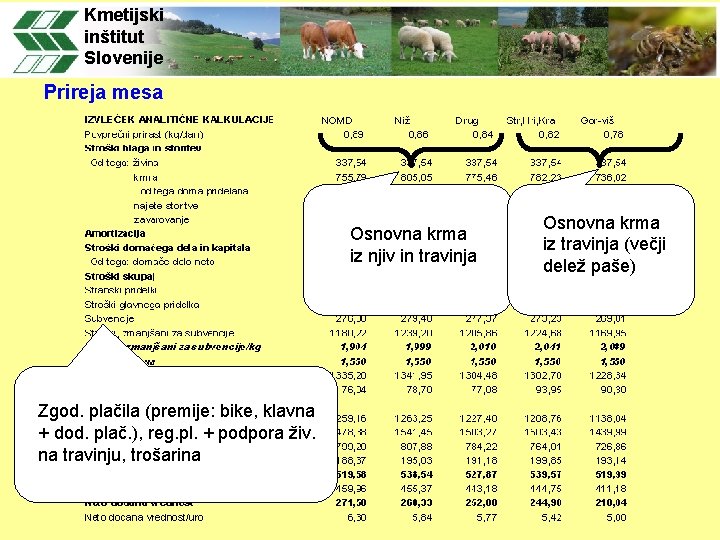 Kmetijski inštitut Slovenije Prireja mesa Osnovna krma iz njiv in travinja Zgod. plačila (premije: