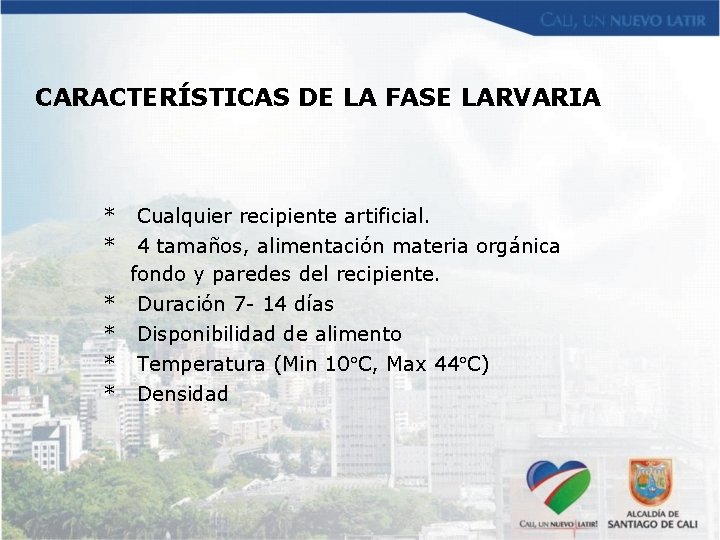 CARACTERÍSTICAS DE LA FASE LARVARIA * * Cualquier recipiente artificial. 4 tamaños, alimentación materia