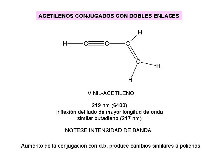 ACETILENOS CONJUGADOS CON DOBLES ENLACES VINIL-ACETILENO 219 nm (6400) inflexión del lado de mayor ACETILENOS CONJUGADOS CON DOBLES ENLACES VINIL-ACETILENO 219 nm (6400) inflexión del lado de mayor