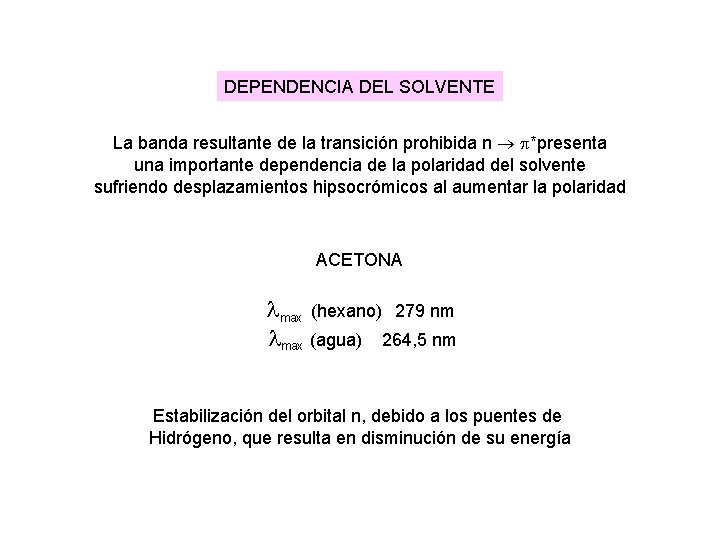 DEPENDENCIA DEL SOLVENTE La banda resultante de la transición prohibida n *presenta una importante DEPENDENCIA DEL SOLVENTE La banda resultante de la transición prohibida n *presenta una importante