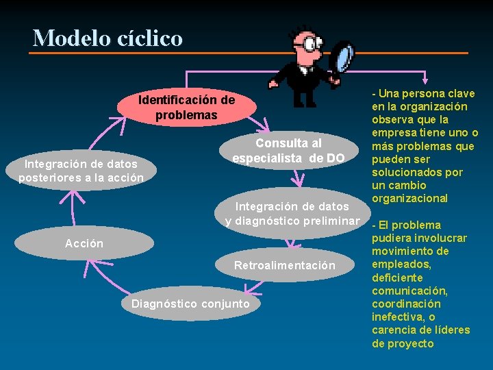 Modelo cíclico Identificación de problemas Integración de datos posteriores a la acción Consulta al