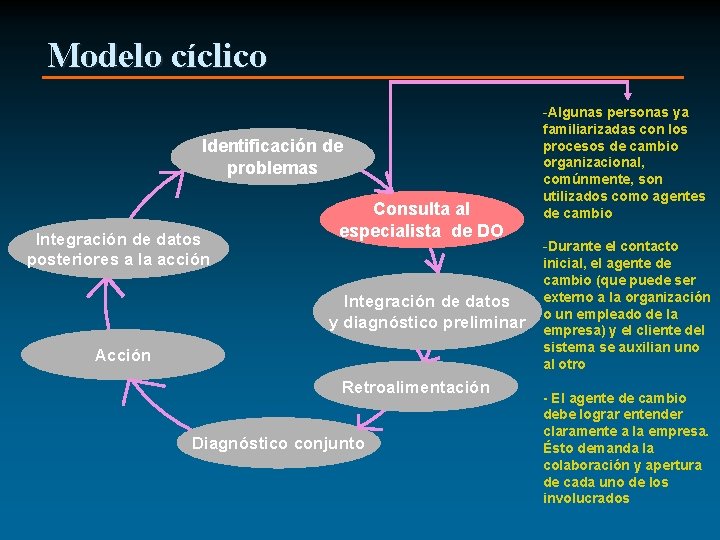 Modelo cíclico Identificación de problemas Integración de datos posteriores a la acción Consulta al