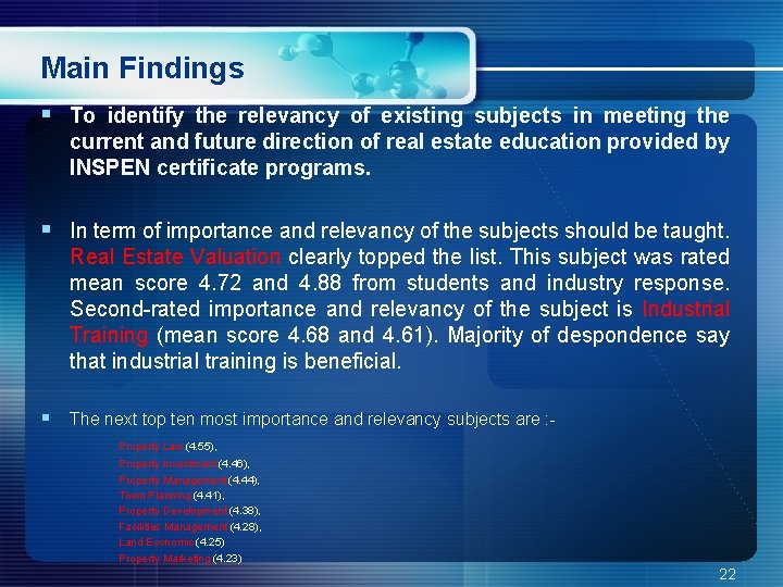 Main Findings § To identify the relevancy of existing subjects in meeting the current