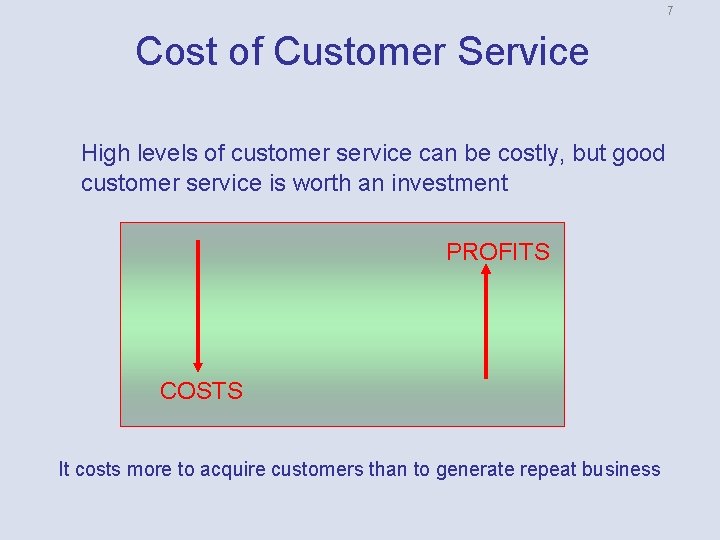 7 Cost of Customer Service High levels of customer service can be costly, but