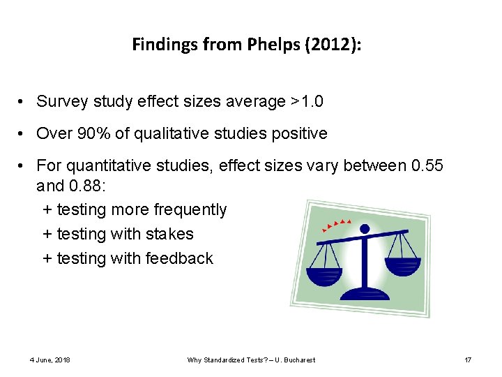 Findings from Phelps (2012): • Survey study effect sizes average >1. 0 • Over Findings from Phelps (2012): • Survey study effect sizes average >1. 0 • Over