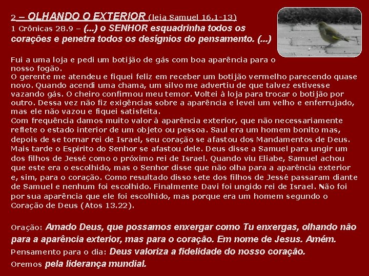 2 – OLHANDO O EXTERIOR (leia Samuel 16. 1 -13) (. . . )