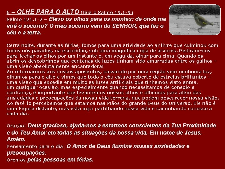 6 – OLHE PARA O ALTO (leia o Salmo 19. 1 -9) Elevo os