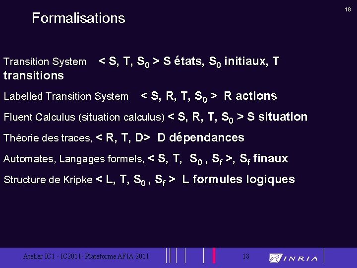18 Formalisations Transition System < S, T, S 0 > S états, S 0