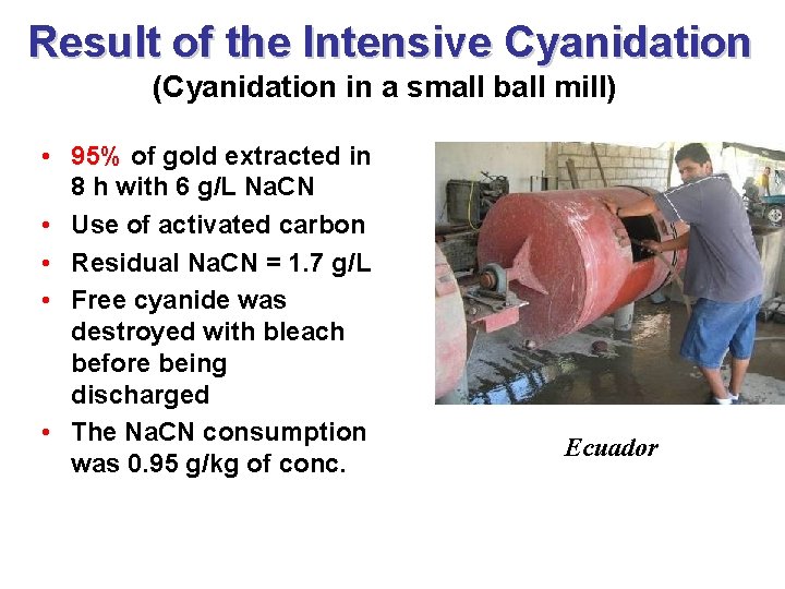 Result of the Intensive Cyanidation (Cyanidation in a small ball mill) • 95% of