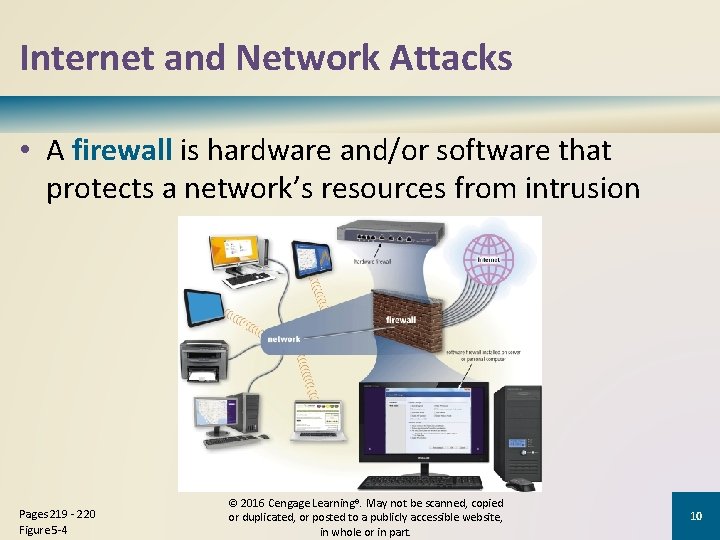 Internet and Network Attacks • A firewall is hardware and/or software that protects a