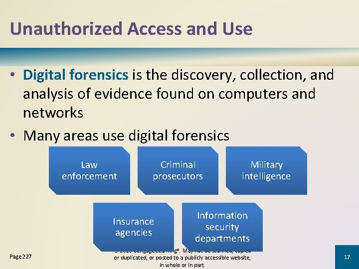 Unauthorized Access and Use • Digital forensics is the discovery, collection, and analysis of