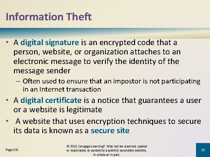 Information Theft • A digital signature is an encrypted code that a person, website,