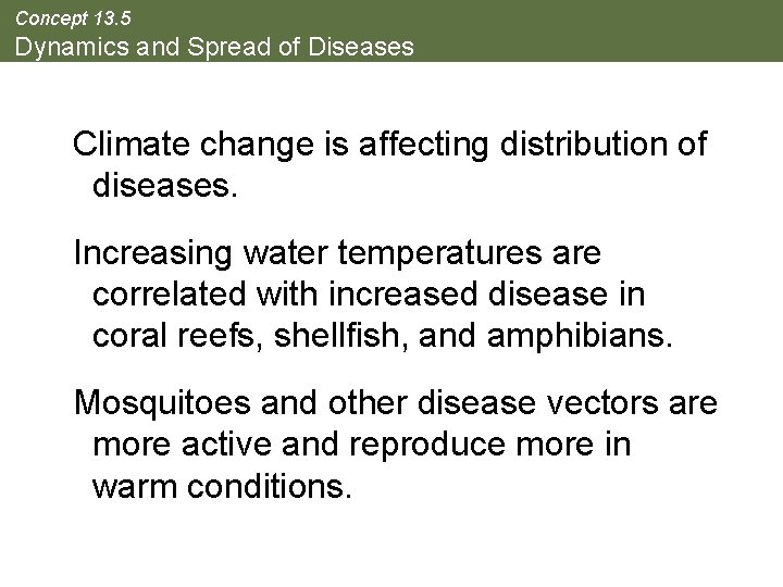 Concept 13. 5 Dynamics and Spread of Diseases Climate change is affecting distribution of