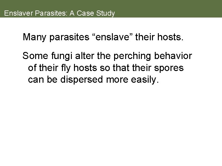 Enslaver Parasites: A Case Study Many parasites “enslave” their hosts. Some fungi alter the