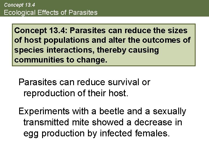 Concept 13. 4 Ecological Effects of Parasites Concept 13. 4: Parasites can reduce the