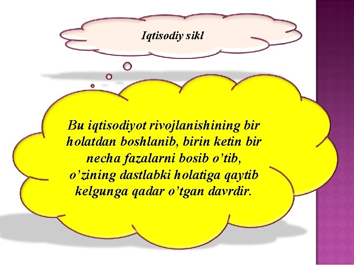 Iqtisodiy sikl Bu iqtisodiyot rivojlanishining bir holatdan boshlanib, birin ketin bir necha fazalarni bosib