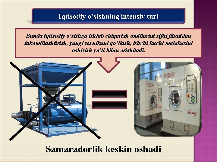 Iqtisodiy o’sishning intensiv turi Bunda iqtisodiy o’sishga ishlab chiqarish omillarini sifat jihatidan takomillashtirish, yangi