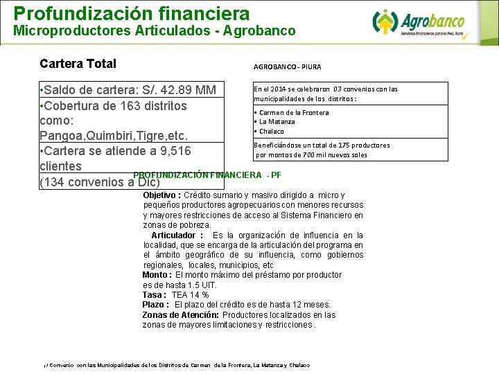 Profundización financiera Microproductores Articulados - Agrobanco Cartera Total AGROBANCO - PIURA En el 2014