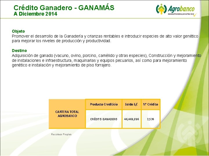 Crédito Ganadero - GANAMÁS A Diciembre 2014 Objeto Promover el desarrollo de la Ganadería