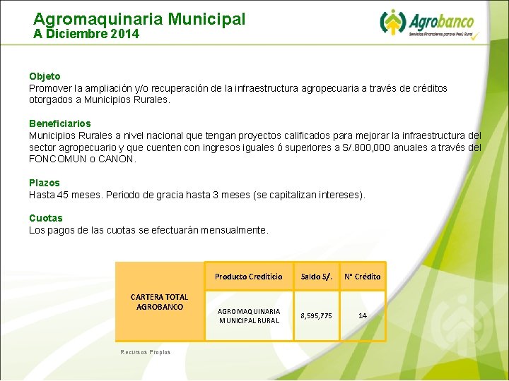 Agromaquinaria Municipal A Diciembre 2014 Objeto Promover la ampliación y/o recuperación de la infraestructura